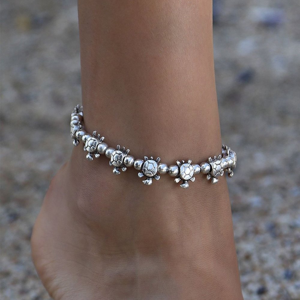 Fine Silver-Plated Turtle Beaded Stretch Anklet / Bracelet - Picture 6 of 6